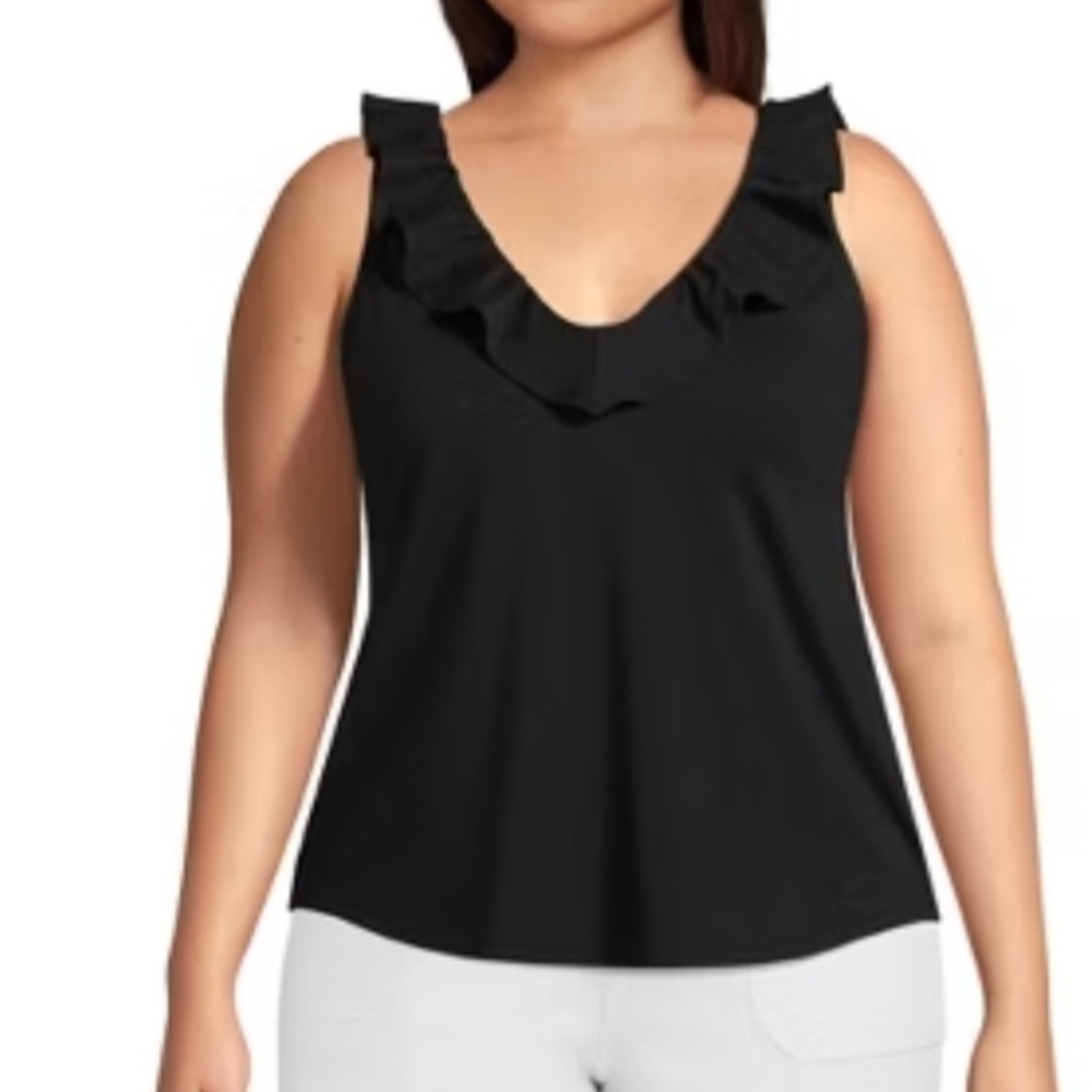 Lands' End Black Ruffle V-Neck Sleeveless Tank Womens Size Medium
